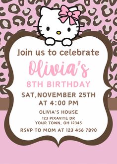 a hello kitty birthday party with pink and brown cheetah print on the front