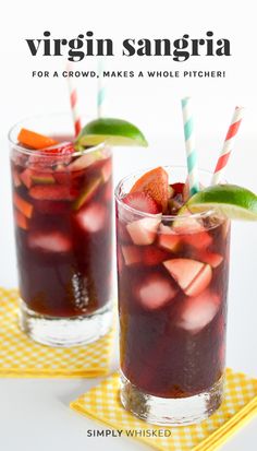 two glasses filled with sanggraa on top of a yellow and white checkered table cloth