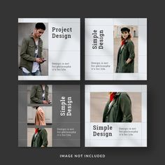 four different business cards with images of men in green jackets and red ties on them