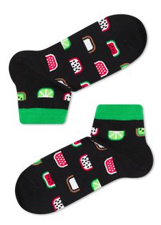 Watermelon, figs, coconut, kiwi-these socks with fruit immediately you want to eat! Just look at them: trendy cropped black socks with fruit in perfect shades of red, green and white! Colored socks "Fruity" - without exaggeration, an example of an aesthetically perfect combination of colors. Look: the crimson, brown, and white here are not just in harmony with each other, but cause real delight, memories of summer verandas, a sense of happiness and carelessness. Therefore, socks with fruit will Casual Multicolor Socks For Summer, Casual Multicolor Summer Socks, Green Summer Socks, Casual Black Summer Socks, Black Socks For Summer, Pizza Christmas, Socks Collection, Color Socks, Polka Dot Socks