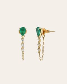 Emerald Pear & Diamond Drop Chain Stud Earring - Zoe Lev Jewelry Pear Earrings, Diamond Chain, Diamond Carat, Emerald Earrings, Hanging Earrings, Diamond Drops, Pear Diamond, Contemporary Jewelry, Jewelry Earrings Hoops