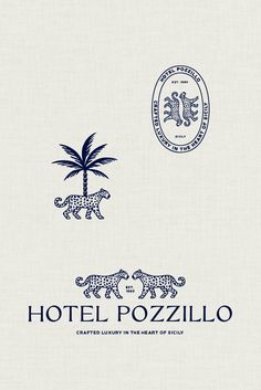 Logo suite for a luxury hotel, with leopard and palm tree illustration and text 'Hotel Pozzillo' Brand Trends 2023, Emblem Logo Design Inspiration, Luxury Branding Inspiration, Elegant Brand Identity Design, Palm Beach Branding, Palm Tree Graphic Design, Modern Crest Logo, Logo And Branding Design, Premium Graphic Design