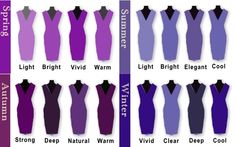 the different types of dresses are shown in purple and blue colors, with names on each side