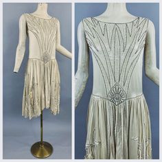 "1920s era champagne silk heavily beaded sleeveless dress with an asymmetric hem. The dress has snaps on the left side of the waist and slips on over the head. The dress is strong and wearable but does have some flaws and is being sold AS-IS. The dress has been priced to reflect its imperfect condition. The noted flaws include: minor loss of beading near neckline (and possibly small bead loss in other spots that I did not notice); torn lace in the lace insets on the skirt; light discoloration under one arm; one snap that needs to be re-sewn; and two spots on back of skirt. There may be other minor flaws that have gone unnoticed. The dress does not contain any labels or tags. The dress has some weight to it due to the amount of beading.  Measurements: Bust - 34\" Waist - 31\" Hips - free Le 1920s Sleeveless Sequin Dress, 1920s Embellished Flapper Cocktail Dress, 1920s Embellished Cocktail Flapper Dress, 1920s Embellished Sleeveless Flapper Dress, Embellished 1920s Style Summer Dresses, 1920s Embellished Summer Dresses, 1920s Style Embellished Summer Dresses, Art Deco Sequin Sleeveless Dress, Art Deco Sleeveless Sequin Dress