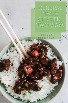 a bowl filled with rice and meat next to chopsticks on top of it