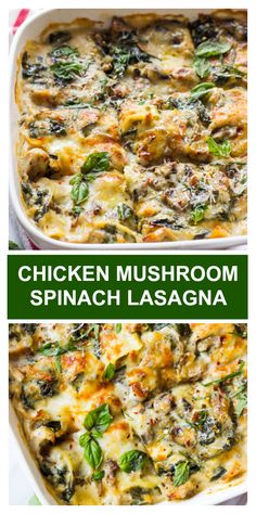 creamy chicken lasagna in a casserole dish with spinach and cheese