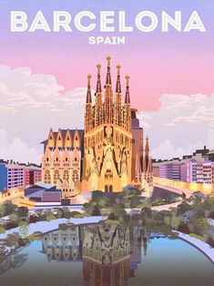 an illustration of barcelona, spain with the cathedral reflected in water and buildings behind it