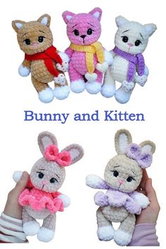 crochet bunny and kitten stuffed animals are shown in three different colors, one is pink, the other is white