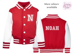 Personalised Children's Varsity Jacket | Initial & Name | Unisex | College Baseball Style | Kids | Toddler | Baby | Red/White Super cool, unisex, varsity college baseball style jacket personalised with your child's initial on the front left side and full name on the back. Please be careful of the spelling as each jacket will be created with the name exactly as you have typed it. Available in a range of sizes from 6 months of age up to 10 years, perfect for matching/twinning sibling jackets. Jack White Varsity Jacket With Ribbed Cuffs For Game Day, White Varsity Jacket With Team Name, White Varsity Jacket With Letter Patch And Baseball Collar, School Varsity Jacket With Ribbed Cuffs, White Varsity Jacket With Baseball Collar For School, Sporty White Varsity Jacket For School, College Style Varsity Jacket With Baseball Collar, White Varsity Jacket With Ribbed Cuffs For School, School Spirit Varsity Jacket With Letter Print