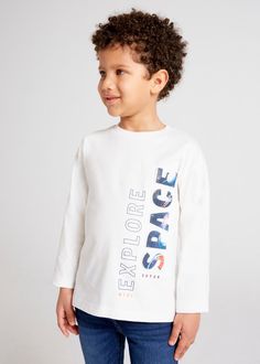 MAY - Mayoral Usa Inc Mayoral Explore Space T-Shirt - Little Miss Muffin Children & Home Boys Tshirt, Winter T Shirts, Dinosaur Pattern, Boys T Shirts, White Long Sleeve, Winter Collection, Tshirt Colors, Crew Socks, Kids Boys