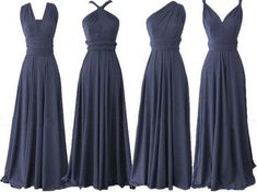 four different styles of bridesmaid dresses on display in front of the camera, including one