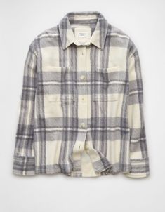 AE Fleece Plaid Shacket Collared Winter Outerwear For Casual Gatherings, White Relaxed Fit Shacket For Winter, Long-sleeved Winter Outerwear For Casual Gatherings, Casual Winter Button-up Outerwear, Winter Long Sleeve Outerwear For Casual Gatherings, Long Sleeve Winter Outerwear For Casual Gatherings, Oversized Outerwear For Casual Gatherings In Fall, Casual Plaid Outerwear For Layering, Classic Plaid Outerwear With Relaxed Fit