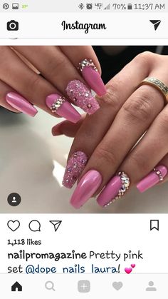 Pink Bling Nails, Bling Nail Art, Neon Acrylic Nails, Fancy Nail Art, Swarovski Nails, Glamour Nails, Fancy Nails Designs, Nails Design With Rhinestones, Pretty Nail Art Designs