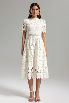 Lace Classy Dress, Cream Lace Dress Outfit, Off White A-line Midi Dress For Daywear, White Tea Length Midi Dress For Spring, White Knee-length Fit And Flare Midi Dress, Cream Midi Dress With Lace Trim And Short Sleeves, Spring Midi Dress With Lace Trim, Knee-length, Spring Knee-length Midi Dress With Lace Trim, Cream Tea-length Midi Dress