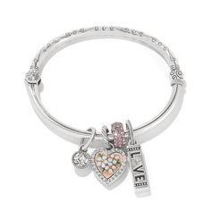 Poised on this easy-on, easy off bangle is a feminine floral pink heart and spacer along with a Be Loved charm and glittering crystal. This pretty and charming gift is sure to be cherished! Love Charms, Charm Bangle, Charm Gift, Pink Heart, Heart Charm, Bangles, Crystals, Floral, Pink