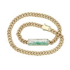 Unido Double Wrap Bracelet by Moritz Glik, a curb chain bracelet with 18 karat yellow gold and emeralds enclosed. New York City Style, Curb Chain Bracelet, Double Wrap Bracelet, Emerald Bracelet, Engraved Items, City Style, October Birth Stone, White Sapphire, Curb Chain