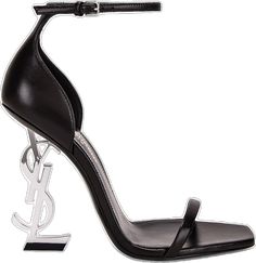 Modern Calf Leather Heels With Buckle Closure, Modern Calf Leather Heels For Party, Modern Calf Leather Heels With Heel Loop, Designer Heels With Sculpted Heel And Single Toe Strap, Ysl Heels, 3 Inch Heels, Saint Laurent Shoes, Polish Silver, Black Silver