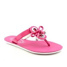 Color: Pink Halogram Style: Thong Silver Hardware Bow Detail .5” Heel Size: 7 Condition: New, Slight Wrinkling On Inside Of Strap, Pic 7 Reflects Feminine Open Toe Sandals For Beach, Chic Pink Flip Flops For Summer, Spring Toe Post Flip Flops, Adjustable Synthetic Spring Flip Flops, Chic Adjustable Flip Flops For Spring, Chic Adjustable Spring Flip Flops, Spring Summer Toe Post Flip Flops, Summer Toe Post Flip Flops For Spring, Feminine Synthetic Sandals For The Beach