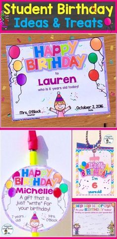 a birthday party with balloons and gifts for students to use on their school's cards