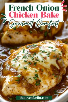 french onion chicken bake with gravy in a white bowl