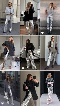 Brown And Fuschia Outfit, Metallic Suits Women, Metallic Pants Outfit Winter, Silver Jeans Street Style, Silver Metallic Jeans, Silver Metallic Trousers Outfit, Outfits With Metallic Pants