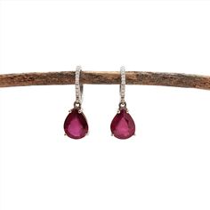 Dangly Pigeon Blood Red Ruby Drop Earrings in 14k Solid White Gold with Natural Diamond Accents | Pear Shape 10x8mm | July Birthstone Ruby Drop Earrings, Designer Silver Jewellery, Jewelry Showcases, Earring Findings, Pendant Bracelet, Estate Jewelry, Ring Earrings, Silver Jewelry, Ruby