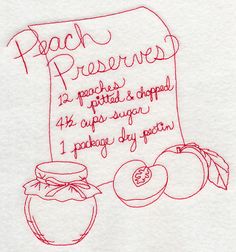 a piece of white paper with red ink on it that says peach preserves and two peaches