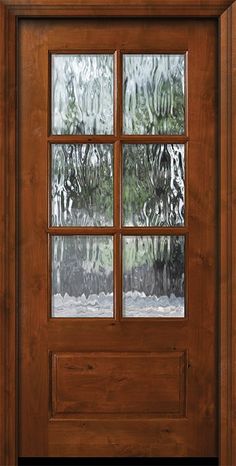 a wooden door with glass on the front and side panels, showing trees reflected in the window