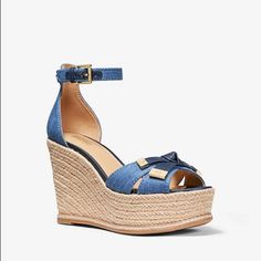 Brand New Denim Wedge Heel Sandals For Spring, Spring Denim Wedge Heel Sandals, Spring Denim Wedge Sandals, Blue Denim Sandals With Removable Insole, Spring Denim Platform Wedge Sandals, Blue Denim Wedge Sandals, Denim Wedge Heel Sandals For Summer, Blue Denim Wedge Sandals For Summer, Denim Open Toe Platform Wedge Sandals