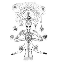 a drawing of a woman with her hands in the air, surrounded by geometric shapes