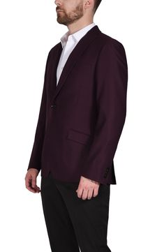 Add a professional edge to your look in this classic slim fit blazer.Fit: this style fits true to size. . Slim fit. Peak lapel. Long sleeves with 4 non-functional buttons. Front button closure. Chest welt pocket; front flap pockets. Interior pockets. Side vents. Burgundy fabric construction. Partially lined. Approx. 30" length . Imported Dry clean 80% Polyester, 18% Rayon, 2% Spandex Elegant Burgundy Suits For Workwear, Elegant Burgundy Suit For Work, Elegant Burgundy Workwear Suit, Burgundy Notch Lapel Business Suit, Burgundy Notch Lapel Suit For Business, Classic Tailored Burgundy Suit, Classic Burgundy Suits For Business Casual, Burgundy Notch Lapel Suit For Business Casual, Classic Burgundy Single-breasted Blazer