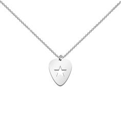 a silver guitar pick necklace with a star on the front and an arrow in the middle