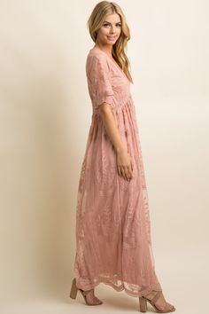 PinkBlush Mauve Lace Mesh Overlay Maxi Dress Modest White Dress, Pink Spring Dresses, Light Pink Wedding Dress, Short Bell Sleeves, Mom Wedding Dress, Casual Wedding Attire, Bridesmaid Dresses Boho, Pink Floral Maxi Dress, Stunning Bridesmaid Dresses