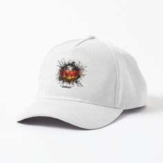 a white baseball cap with an orange apple on it