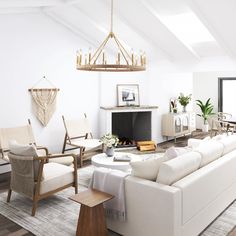 a living room filled with furniture and a fire place in the middle of a room