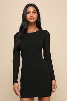 Garden Bliss Black Long Sleeve Cutout Bodycon Mini Dress Black Long Sleeve Dress With Cutout Back, Fitted Bodycon Dress With Cut-out Waist For Date Night, Fitted Long Sleeve Dress With Cutout Back, Chic Long Sleeve Bodycon Dress With Cutout Back, Bodycon Dress For Night Out With Crew Neck, Elegant Crew Neck Mini Dress For Night Out, Fitted Crew Neck Mini Dress For Party, Chic Mini Dress With Crew Neck For Party, Chic Crew Neck Mini Dress For Party