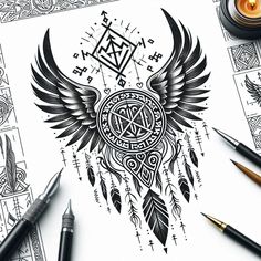 an artistic drawing with feathers and symbols on it, surrounded by ink pen pens and markers