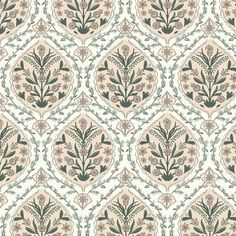 an old wallpaper pattern with flowers and leaves in green, beige and white colors