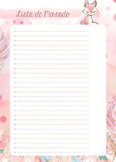 a pink and white lined paper with an image of a bird on it, surrounded by flowers