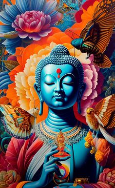 a painting of buddha surrounded by flowers and butterflies