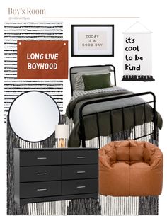 the bedroom is decorated in black, white and orange