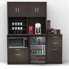 a microwave, coffee maker and refrigerator in a room