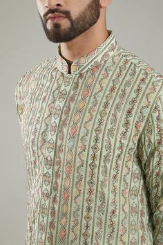 Shop for Kasbah Green Georgette Thread Embroidered Full Sleeve Kurta for Men Online at Aza Fashions Full Sleeve Kurta, Kurta For Men, Luxury Sale, Geometric Motifs, Thread Embroidery, Churidar, Pastel Green, Pants Pattern, Green Man