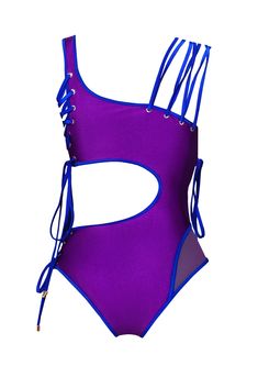 a purple and blue one piece swimsuit with cutouts on the sides, tied up