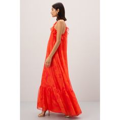 Orange Printed. (100% polyester) Gown. Shoulder to hemline 58". See Fit Notes For More Information. Imported. Summer Floor-length Gown With Ruffles, Flowy Dress With Ruffled Straps And Lining, Summer Long Gown With Ruffles, Spring Silk Maxi Dress With Ruffles, Spring Gown With Ruffles, Long Dress, Spring Gown With Ruffles, Long Dress Shape, Long Gown With Ruffles For Spring, Chic Chiffon Gown With Ruffles, Summer Maxi Gown With Ruffles