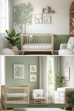 two pictures of a baby's room with green walls and white furniture in it