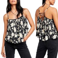 Brand New With Tags Get Summer Ready With This Beautiful Floral Print Camisole By Free People (Size Medium) Features A Soft And Flowey Top With A Black Combo Floral Print Throughout, Adjustable Spaghetti Lace Up Tie At Back Straps With A Square Neckline With Pleats. Very Feminine. Lightweight And Breathable Yet Not See-Through. This Will Make A Perfect Top For Any Summer Occasion. -Perfect For Hot Summer Days Or Your Next Vacation Lay Flat Measurements Underarm: 18" Length (Top To Bottom Hem): 1 Floral Print Cami Top For Day Out, Trendy Floral Print Camisole Top, Yellow Camisole Top For Spring, Black Floral Print Cami Tops, Floral Print Cami Top For Brunch, Floral Print Camisole Tops For Brunch, Spring Brunch Camisole Tops, Black Floral Print Spaghetti Strap Tops, Free People Tank Top