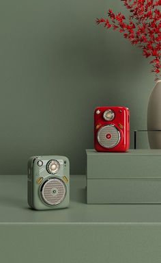 two cameras sitting on top of a table next to a vase with red flowers in it