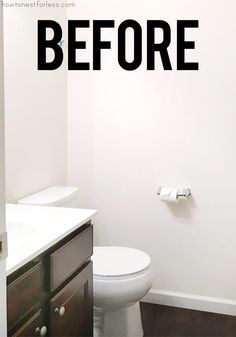 the bathroom is clean and ready to be used as a home decor project, with text overlaying it