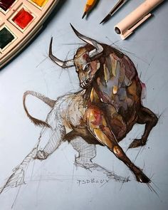 a drawing of a bull is shown on the table